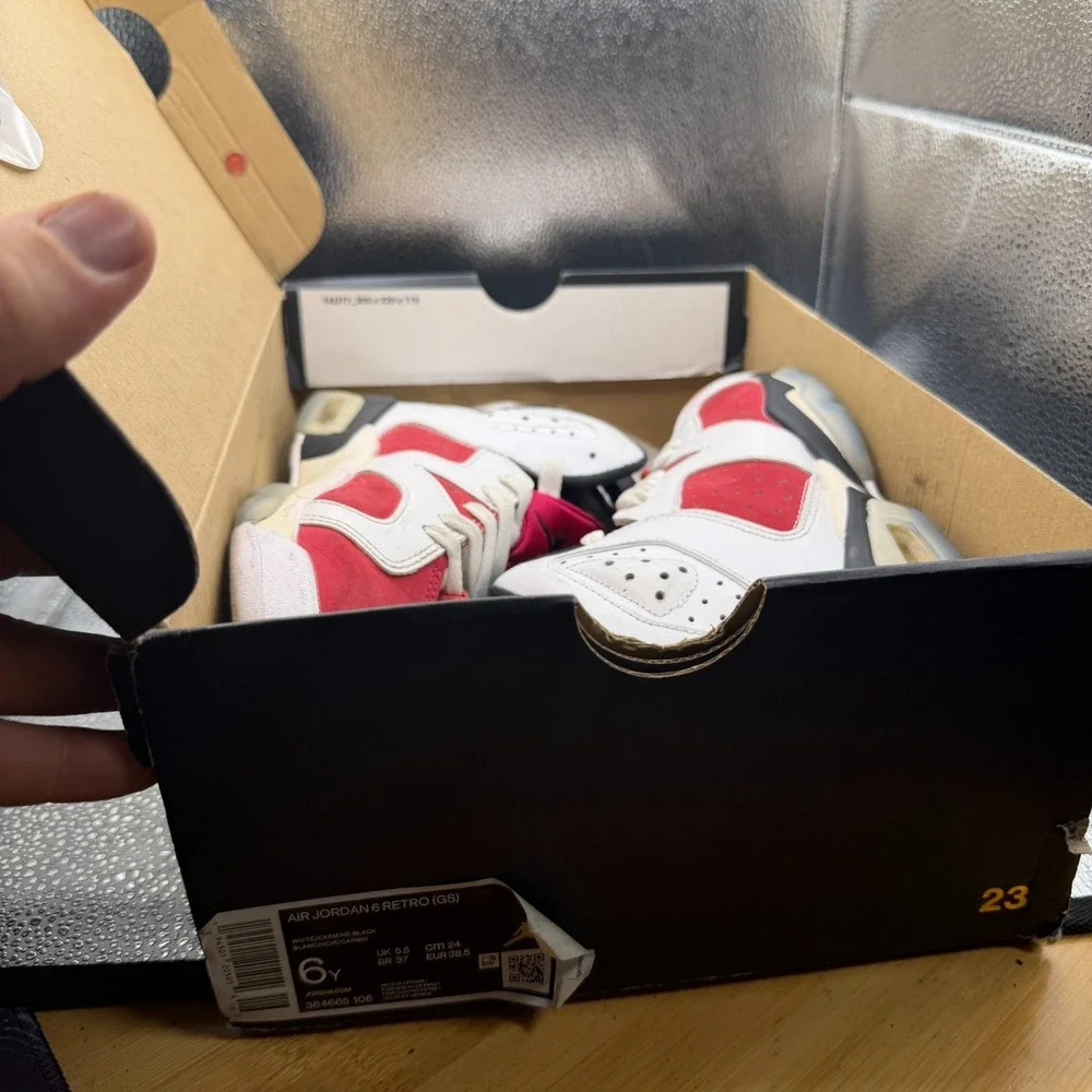Size 6Y Air Jordan 6 Retro Mid White Carmine Kids Basketball Shoes‎ 384665-106
